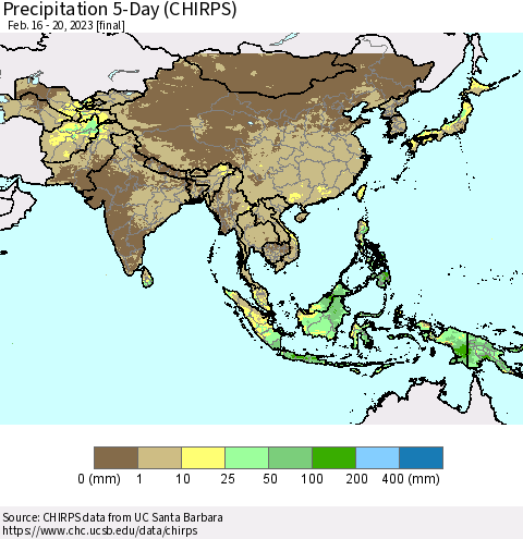 Asia Precipitation 5-Day (CHIRPS) Thematic Map For 2/16/2023 - 2/20/2023
