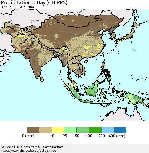 Asia Precipitation 5-Day (CHIRPS) Thematic Map For 2/21/2023 - 2/25/2023