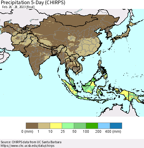Asia Precipitation 5-Day (CHIRPS) Thematic Map For 2/26/2023 - 2/28/2023