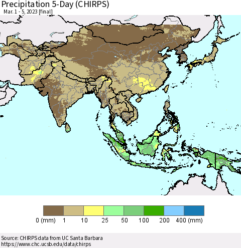 Asia Precipitation 5-Day (CHIRPS) Thematic Map For 3/1/2023 - 3/5/2023