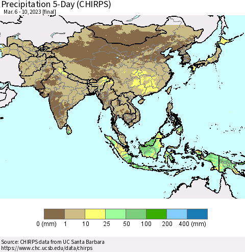 Asia Precipitation 5-Day (CHIRPS) Thematic Map For 3/6/2023 - 3/10/2023