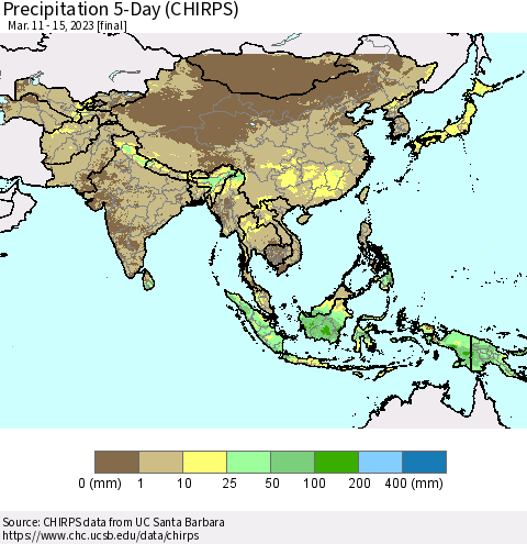 Asia Precipitation 5-Day (CHIRPS) Thematic Map For 3/11/2023 - 3/15/2023