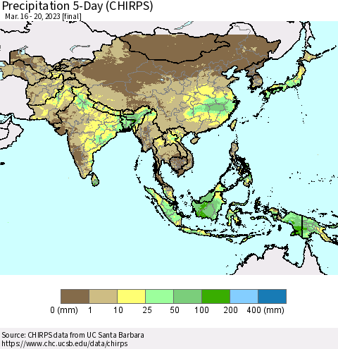 Asia Precipitation 5-Day (CHIRPS) Thematic Map For 3/16/2023 - 3/20/2023