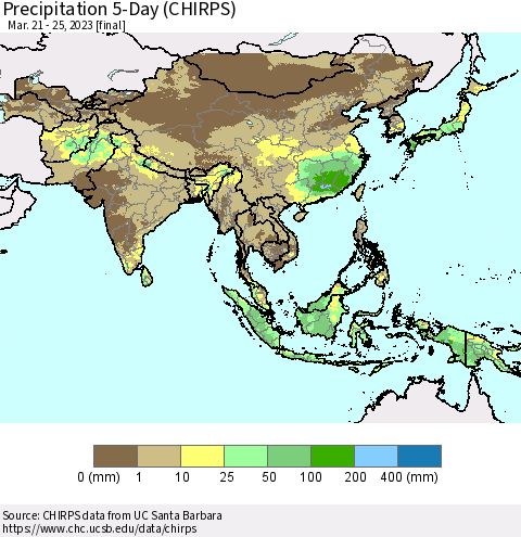 Asia Precipitation 5-Day (CHIRPS) Thematic Map For 3/21/2023 - 3/25/2023