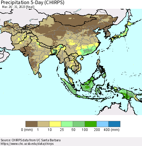 Asia Precipitation 5-Day (CHIRPS) Thematic Map For 3/26/2023 - 3/31/2023