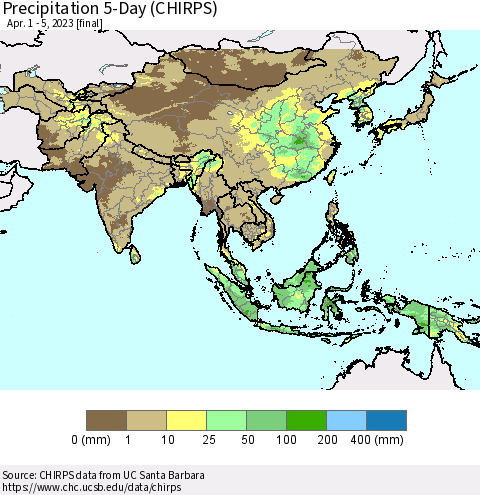 Asia Precipitation 5-Day (CHIRPS) Thematic Map For 4/1/2023 - 4/5/2023