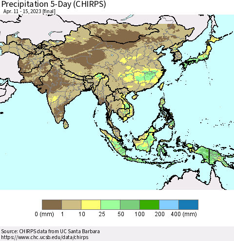 Asia Precipitation 5-Day (CHIRPS) Thematic Map For 4/11/2023 - 4/15/2023