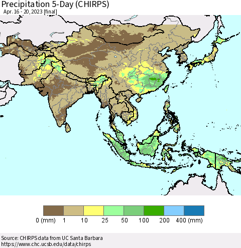 Asia Precipitation 5-Day (CHIRPS) Thematic Map For 4/16/2023 - 4/20/2023