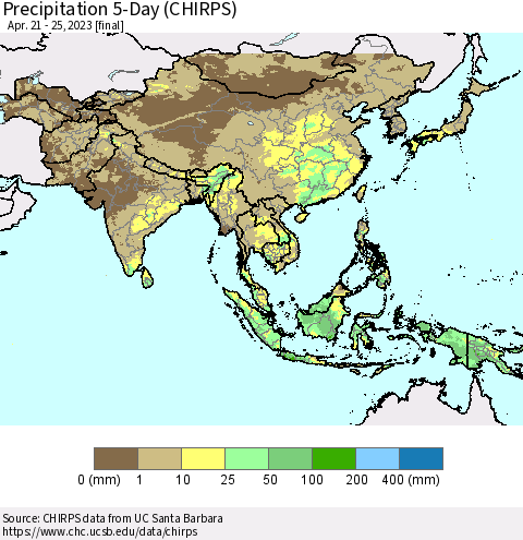 Asia Precipitation 5-Day (CHIRPS) Thematic Map For 4/21/2023 - 4/25/2023
