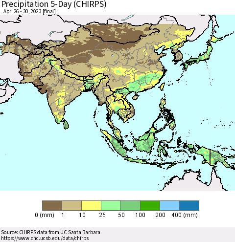 Asia Precipitation 5-Day (CHIRPS) Thematic Map For 4/26/2023 - 4/30/2023