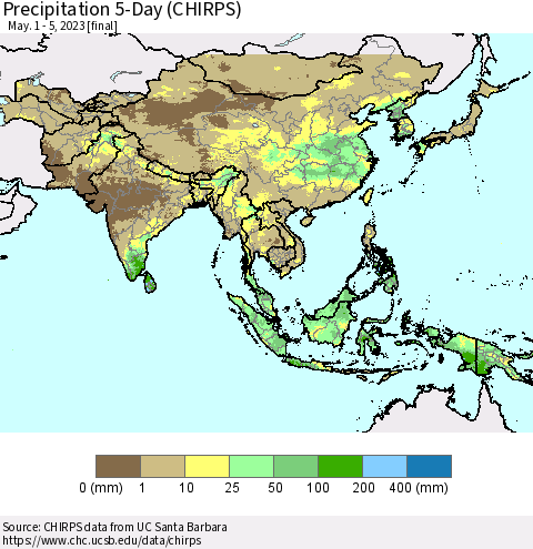 Asia Precipitation 5-Day (CHIRPS) Thematic Map For 5/1/2023 - 5/5/2023
