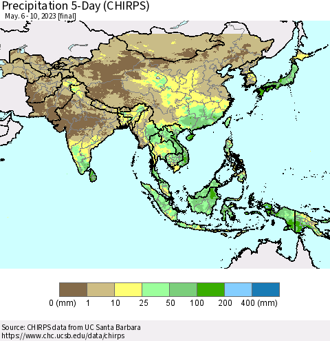 Asia Precipitation 5-Day (CHIRPS) Thematic Map For 5/6/2023 - 5/10/2023