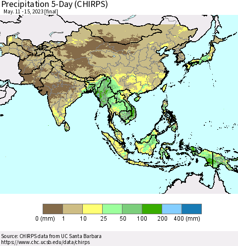 Asia Precipitation 5-Day (CHIRPS) Thematic Map For 5/11/2023 - 5/15/2023