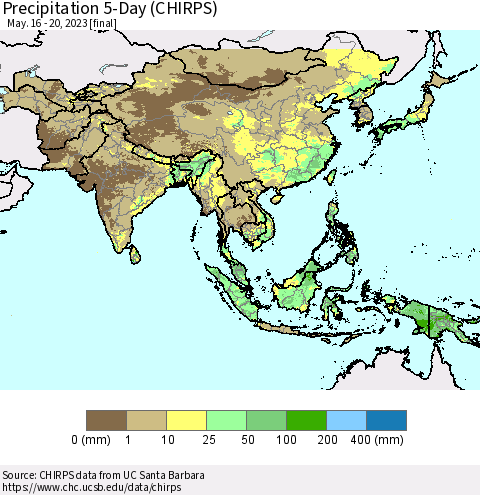 Asia Precipitation 5-Day (CHIRPS) Thematic Map For 5/16/2023 - 5/20/2023