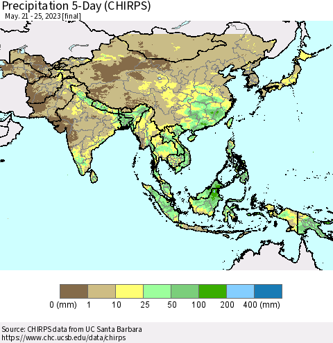 Asia Precipitation 5-Day (CHIRPS) Thematic Map For 5/21/2023 - 5/25/2023