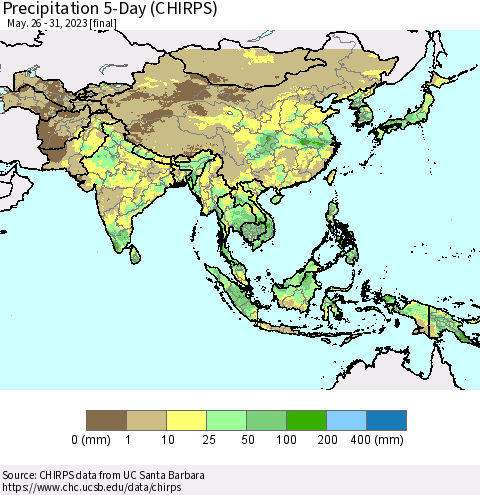 Asia Precipitation 5-Day (CHIRPS) Thematic Map For 5/26/2023 - 5/31/2023