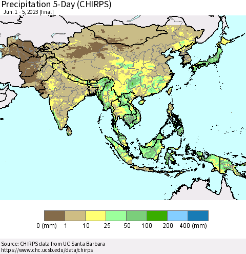 Asia Precipitation 5-Day (CHIRPS) Thematic Map For 6/1/2023 - 6/5/2023