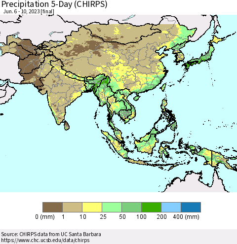 Asia Precipitation 5-Day (CHIRPS) Thematic Map For 6/6/2023 - 6/10/2023