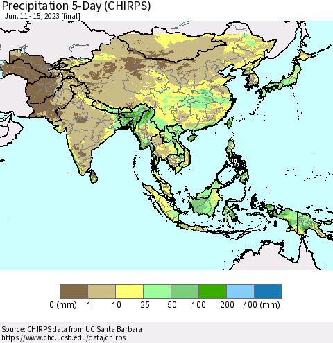 Asia Precipitation 5-Day (CHIRPS) Thematic Map For 6/11/2023 - 6/15/2023