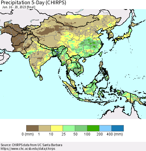 Asia Precipitation 5-Day (CHIRPS) Thematic Map For 6/16/2023 - 6/20/2023