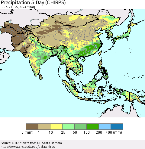 Asia Precipitation 5-Day (CHIRPS) Thematic Map For 6/21/2023 - 6/25/2023