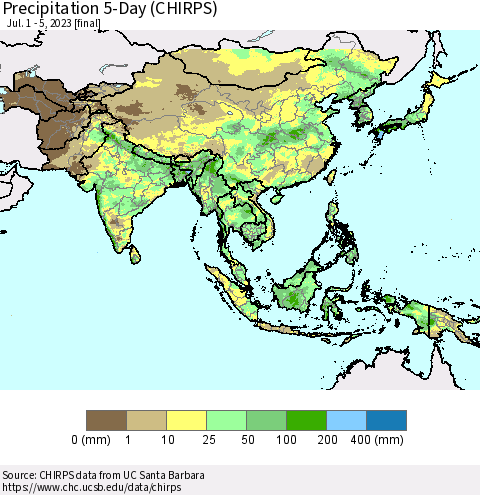 Asia Precipitation 5-Day (CHIRPS) Thematic Map For 7/1/2023 - 7/5/2023