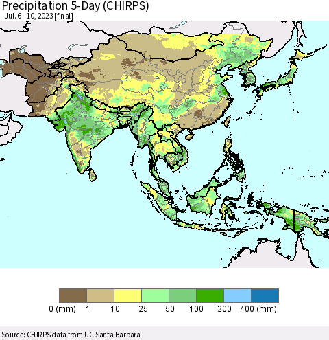 Asia Precipitation 5-Day (CHIRPS) Thematic Map For 7/6/2023 - 7/10/2023