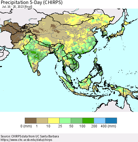 Asia Precipitation 5-Day (CHIRPS) Thematic Map For 7/16/2023 - 7/20/2023