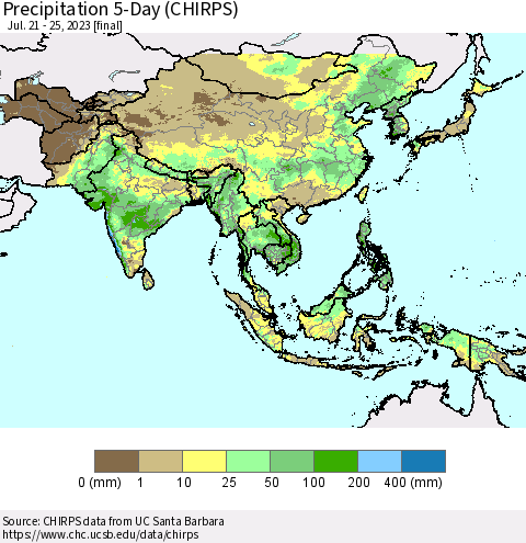 Asia Precipitation 5-Day (CHIRPS) Thematic Map For 7/21/2023 - 7/25/2023