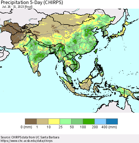 Asia Precipitation 5-Day (CHIRPS) Thematic Map For 7/26/2023 - 7/31/2023