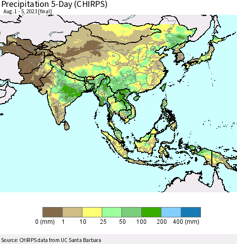 Asia Precipitation 5-Day (CHIRPS) Thematic Map For 8/1/2023 - 8/5/2023