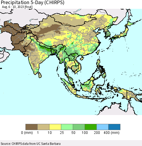 Asia Precipitation 5-Day (CHIRPS) Thematic Map For 8/6/2023 - 8/10/2023
