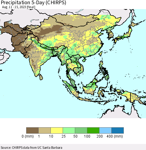 Asia Precipitation 5-Day (CHIRPS) Thematic Map For 8/11/2023 - 8/15/2023