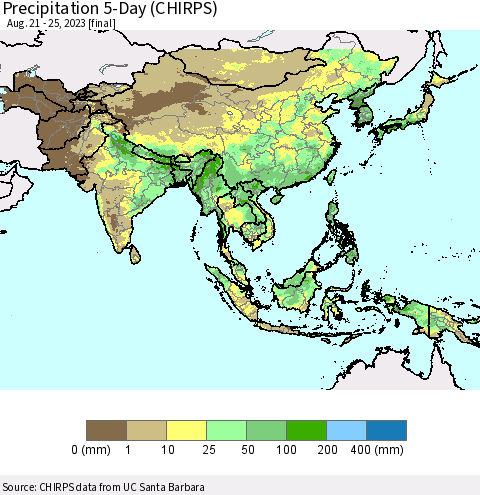 Asia Precipitation 5-Day (CHIRPS) Thematic Map For 8/21/2023 - 8/25/2023