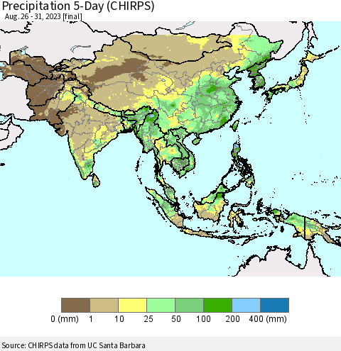 Asia Precipitation 5-Day (CHIRPS) Thematic Map For 8/26/2023 - 8/31/2023
