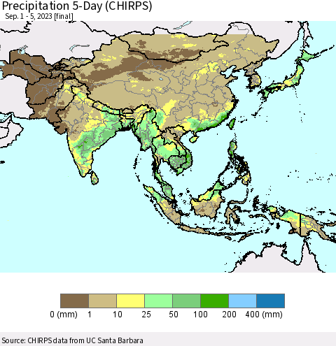 Asia Precipitation 5-Day (CHIRPS) Thematic Map For 9/1/2023 - 9/5/2023