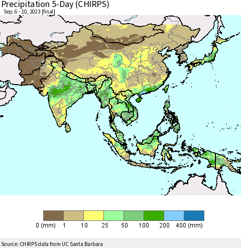 Asia Precipitation 5-Day (CHIRPS) Thematic Map For 9/6/2023 - 9/10/2023