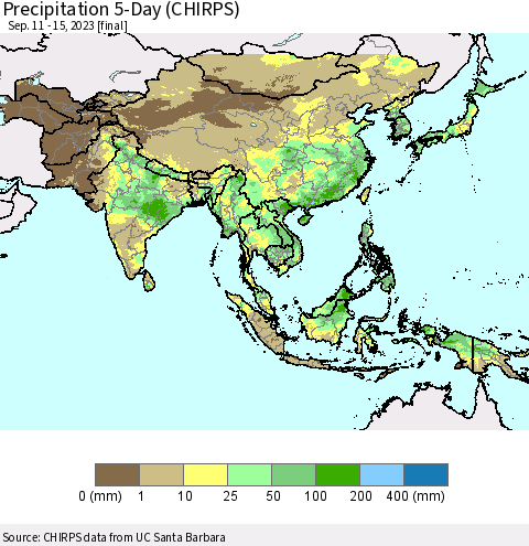 Asia Precipitation 5-Day (CHIRPS) Thematic Map For 9/11/2023 - 9/15/2023