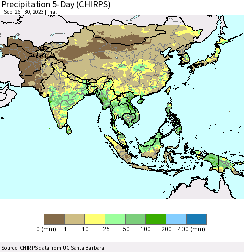 Asia Precipitation 5-Day (CHIRPS) Thematic Map For 9/26/2023 - 9/30/2023
