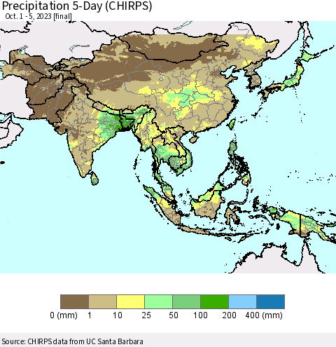 Asia Precipitation 5-Day (CHIRPS) Thematic Map For 10/1/2023 - 10/5/2023