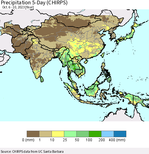 Asia Precipitation 5-Day (CHIRPS) Thematic Map For 10/6/2023 - 10/10/2023