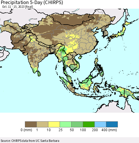 Asia Precipitation 5-Day (CHIRPS) Thematic Map For 10/11/2023 - 10/15/2023