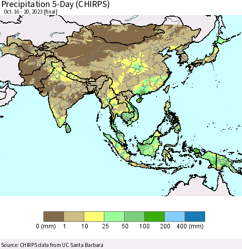 Asia Precipitation 5-Day (CHIRPS) Thematic Map For 10/16/2023 - 10/20/2023