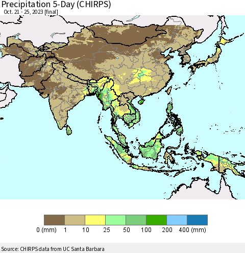 Asia Precipitation 5-Day (CHIRPS) Thematic Map For 10/21/2023 - 10/25/2023