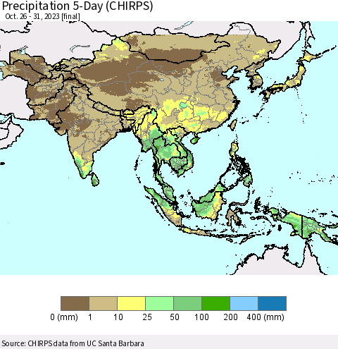 Asia Precipitation 5-Day (CHIRPS) Thematic Map For 10/26/2023 - 10/31/2023