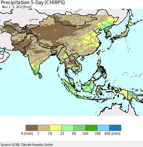 Asia Precipitation 5-Day (CHIRPS) Thematic Map For 11/1/2023 - 11/5/2023