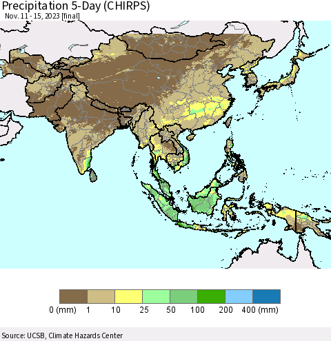 Asia Precipitation 5-Day (CHIRPS) Thematic Map For 11/11/2023 - 11/15/2023