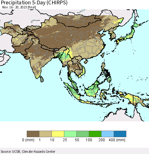 Asia Precipitation 5-Day (CHIRPS) Thematic Map For 11/16/2023 - 11/20/2023