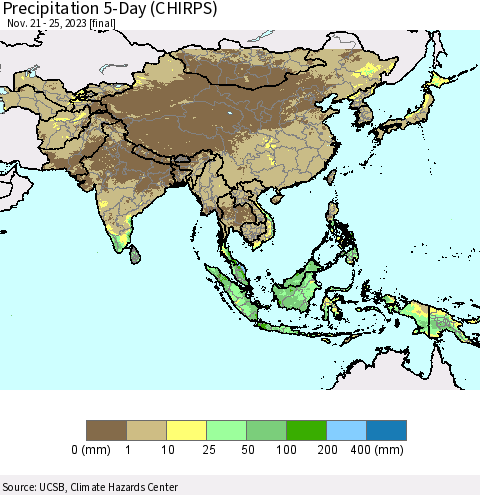 Asia Precipitation 5-Day (CHIRPS) Thematic Map For 11/21/2023 - 11/25/2023