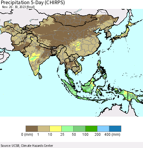 Asia Precipitation 5-Day (CHIRPS) Thematic Map For 11/26/2023 - 11/30/2023
